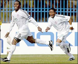 Jay-Jay Okocha celebrates his goal for Nigeria