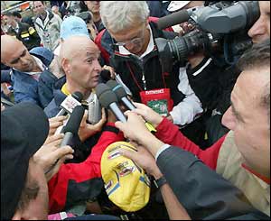 Pantani speaks to press after the 19th stage of the Giro d'Italia 