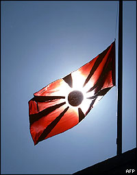 Flag at half mast in front of the parliament building in Skopje