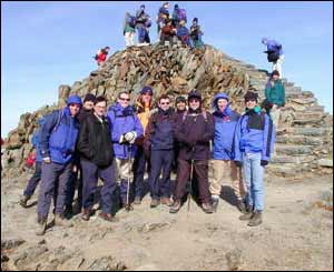 Jim Thompson and his friends at the summit of Snowdon
