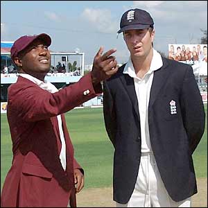 West Indies captain Brian Lara and opposite number Michael Vaughan contest the toss