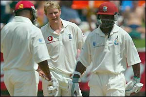 Brian Lara, Matthew Hoggard and Devon Smith take a breather on day one at Sabina Park