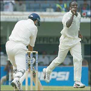 Michael Vaughan's attempted drive gives Fidel Edwards his second wicket