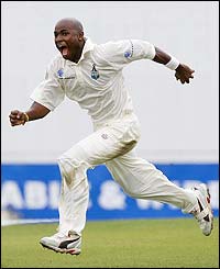 Tino Best celebrates his first Test wicket 