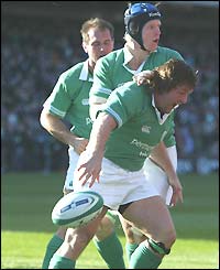 Shane Byrne celebrates scoring Ireland's first try
