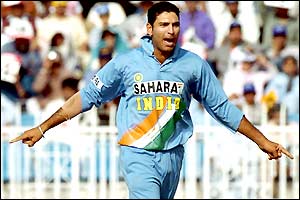 Yuvraj Singh celebrates Yousuf Youhana's wicket