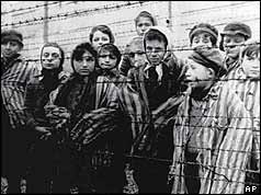 Children peering through barbed wire fence at Auschwitz