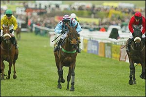 Best Mate, ridden by Jim Culloty, finishes just ahead of second-placed Sir Rembrandt and third-placed Harbour Pilot