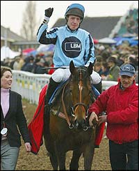 Larry McGrath celebrates his win on Our Armageddon in the Cathcart Challenge Cup Chase 