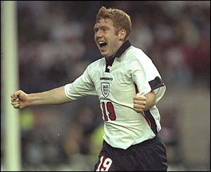 Scholes celebrates scoring his first England goal against Italy in La Tournoi in June 1997 
