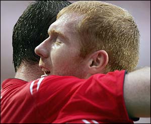Paul Scholes celebrates after scoring against Croatia in Euro 2004 in Portugal