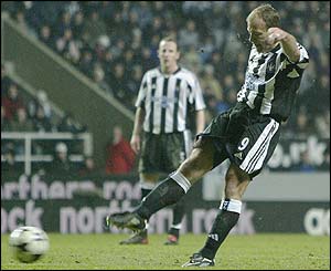 Alan Shearer powers in a free-kick