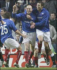 Erik Hagen celebrates scoring the equaliser for Valerenga