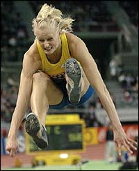 Sweden's Carolina Kluft jumps to third place the final of the women's long jump 
