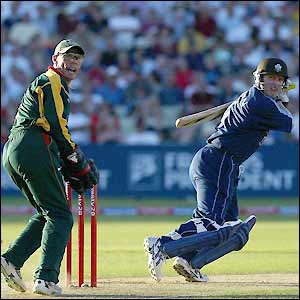 Ali Brown sends a shot away for four before getting out in the 13th over