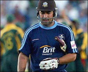 Adam Hollioake makes four runs off five balls