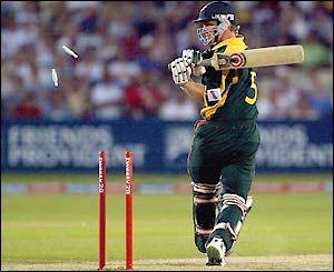 Darren Maddy is bowled by Phil Sampson