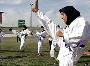 Afghan girls practice Tae Kwon Do at Kabul stadium. 