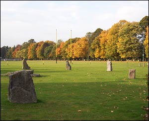 Builth Wells rugby pitch, with the Gorsedd circle of stones in foreground (from Roy Bunting)