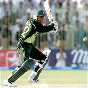 Pakistan's Abdul Razzaq hits a shot 