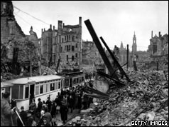 Bomb-damaged Dresden, commuters boarding a tram 12 March 1945