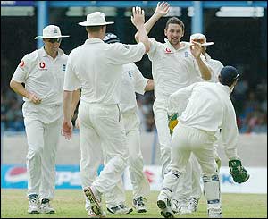Harmison celebrates claiming the wicket of Gayle