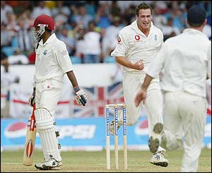 Shivnarine Chanderpaul is dismissed by Simon Jones