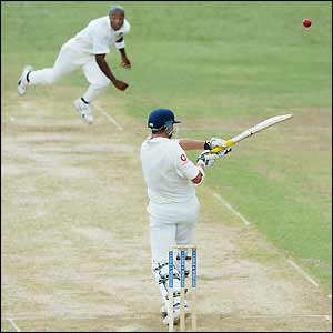 Marcus Trescothick plays a poor shot straight to Adam Sanford