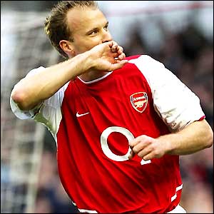 Arsenal's Dennis Bergkamp celebrates his goal against Bolton