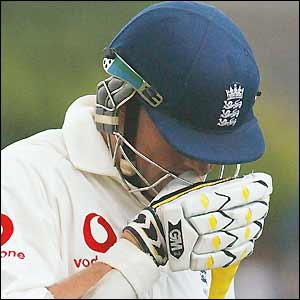 Marcus Trescothick removes his helmet as he returns to the pavilion