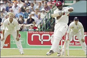 West Indies debutant Sylvester Joseph pulls the ball to the boundary