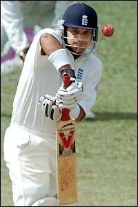 England's Mark Butcher leaves a testing delivery 