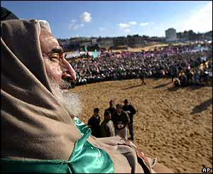 Yassin at rally in Jabaliya refugee camp in February 2003