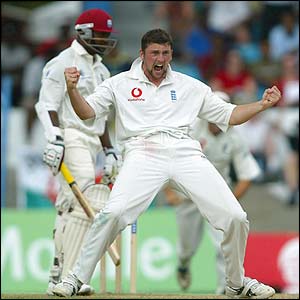 Steve Harmison celebrates as he traps Brian Lara lbw for eight 