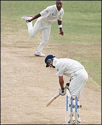 Tino Best bowls Marcus Trescothick 