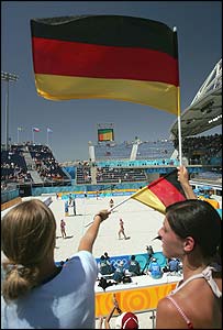 German fans cheer on Germany's Stephanie Pohl and Okka Rau