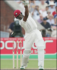 Corey Collymore sees his off-stump taken out by Hoggard who finishes on 4-83