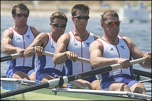 Steve Williams, James Cracknell, Ed Coode, and Matthew Pinsent in action at the Schinias rowing and canoeing centre