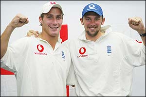 England bowling heroes Simon Jones and Steve Harmison celebrate