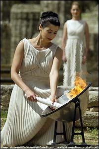 Greek actress Thalia Prokopiou lights the torch at the Temple of Hera