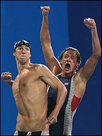 Phelps and Lochte celebrate after they win the men's swimming 4x200m