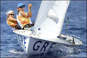 Greece's Sofia Bekatorou and Aimilia Tsoulfa win the women's 470 sailing