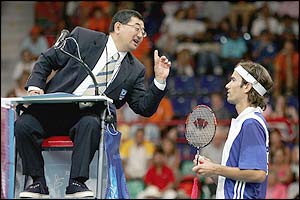 Great Britain's Nathan Robertson talks to the umpire