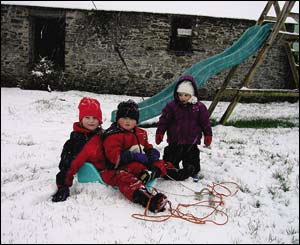 Leisia, Dylan and Lois enjoying the snow in their garden near Trawscoed (Rosemary Tudor)