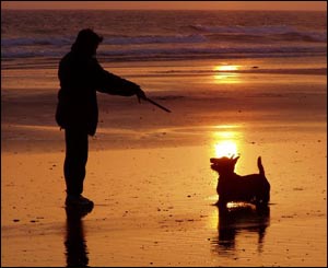 Martin Bennett's wife and their Scottish Terrier George on the beach at Dinas Dinlle
