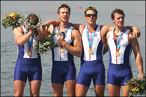 Matthew Pinsent, Ed Coode, James Cracknell and Steve Williams receive their gold medals
