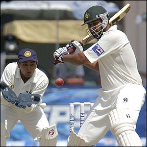 Pakistan skipper Inzamam-ul-Haq hits a four 