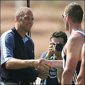 Steve Redgrave congratulates Matthew Pinsent after he wins his fourth Olympic gold medal