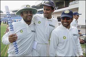 Virender Sehwag, Anil Kumble and Sachin Tendulkar 