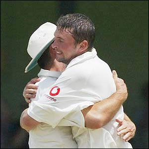 Vaughan celebrates with Steve Harmison as Harmison removes Daren Ganga